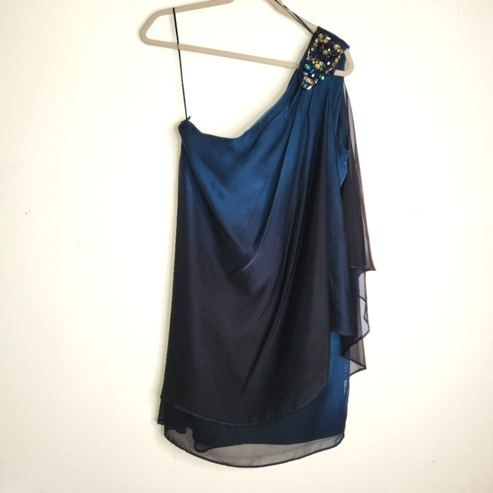 R&M Richards 16 Petite Teal Black Knee Length Ombre Chiffon Dress With Gemstone